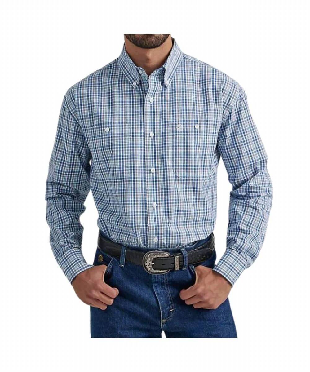 NEW WRANGLER plaid long sleeve button down shirt in blue
